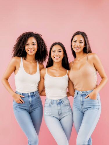 Three Gorgeous Female Models in Tank Tops on Pink Background