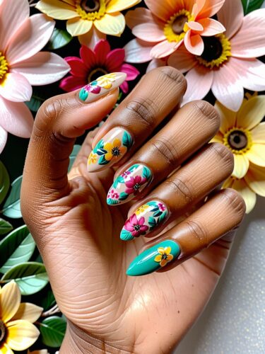 Vibrant Floral Nail Art on Almond-Shaped Nails