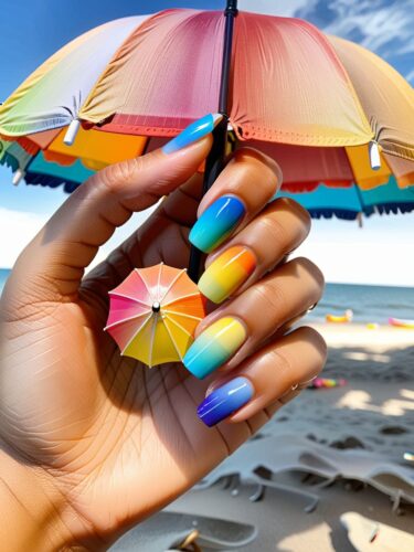 Vibrant Rainbow Gradient Summer Nails with Beach Umbrella