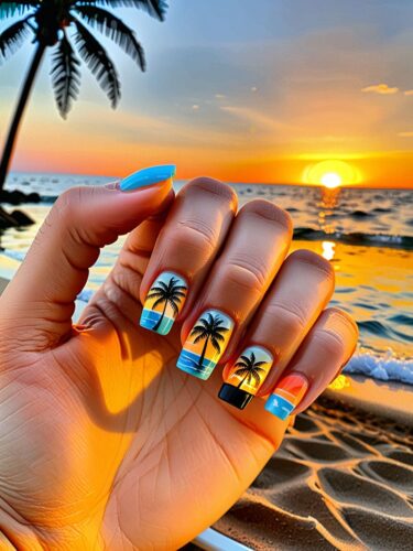 Tropical Sunset Nails with Palm Tree Silhouettes