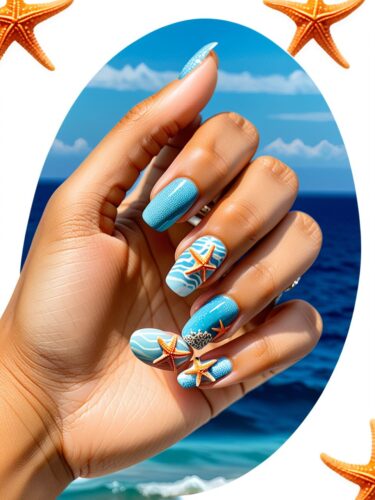 Starfish Summer Nails on Oval-Shaped Nails with Ocean Blue Background