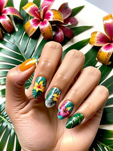 Tropical Paradise Manicure with Vibrant Flowers and Palm Leaves
