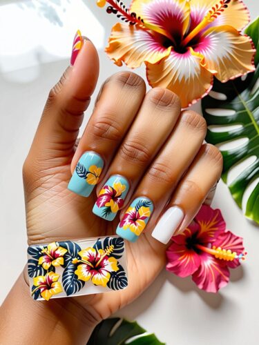 Tropical Nail Art with Hibiscus Flowers and Lei