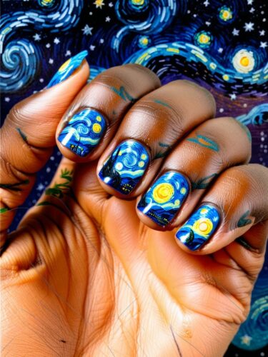 Starry Night Nail Art: Van Gogh-Inspired Sky on Coffin-Shaped Nails