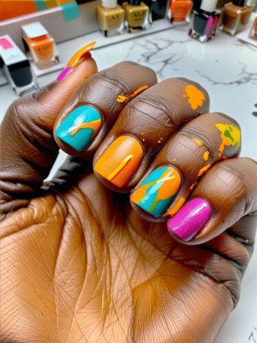 Vibrant Abstract Expressionist Nail Art on Square Nails