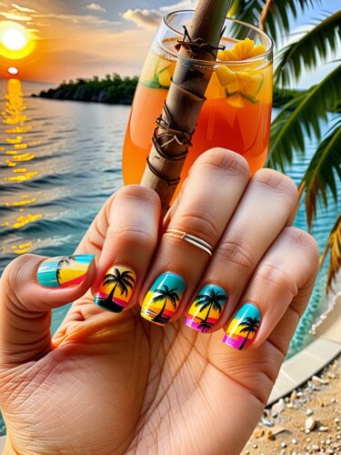 Tropical Sunset Nail Art with Palm Tree Design