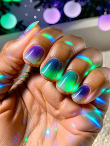 Arctic Aurora Nail Art: Luminous Green and Purple Lights on Rounded Nails