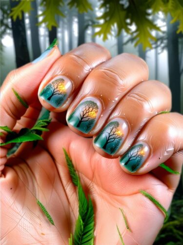 Enchanted Forest Nail Art: Mystical Trees and Fog