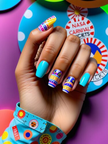 Vibrant Carnival Nails and Tickets