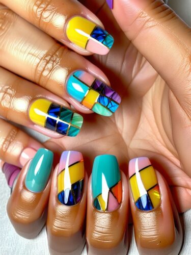 Colorful Stained Glass Gel Nail Art on Coffin-Shaped Nails