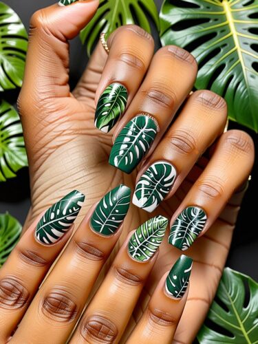 Tropical Leaf Summer Nails with Monstera Leaf Designs