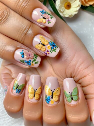 Whimsical Butterfly Garden Gel Nail Art
