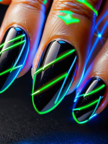 Futuristic Neon Grid Gel Nail Art on Coffin-Shaped Nails