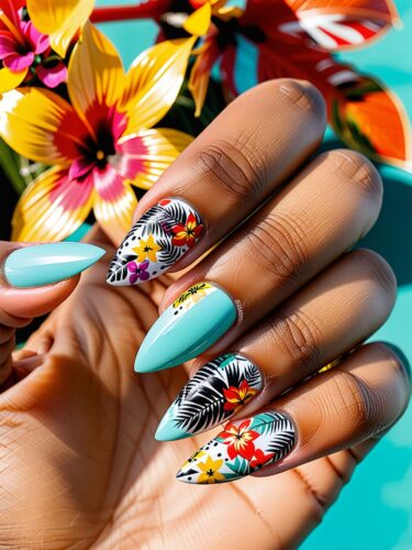 Vibrant Fiesta Summer Nails with Tropical Patterns