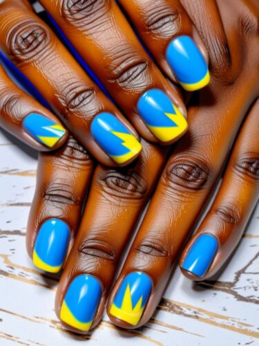 Electric Blue and Vibrant Yellow Lightning Bolt Gel Nail Art