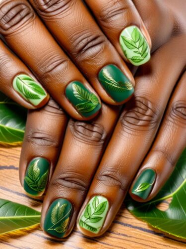 Lush Greenery Gel Nail Art with Leaf and Vine Motifs