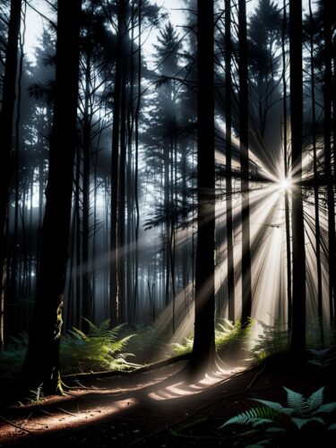Enchanted Forest with Magical Light Beams
