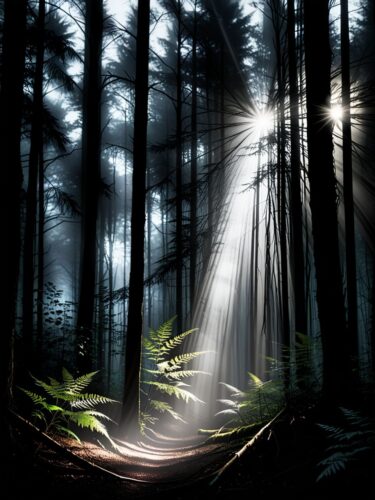 Enchanted Forest: Ethereal Light Beams
