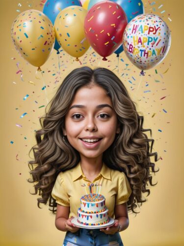 Latina Teenager Birthday Caricature with Balloons