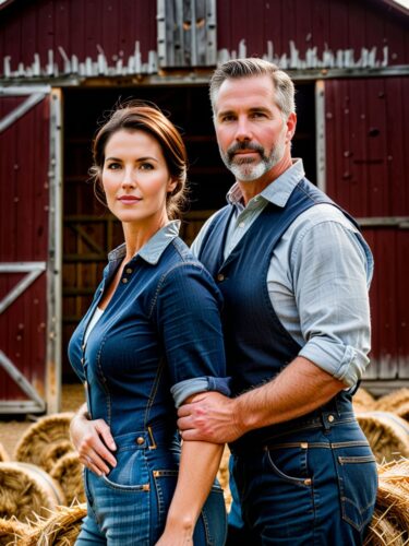 Rustic Farmer Couple Portrait in Front of Barn