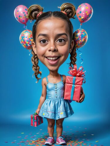 Colorful Birthday Caricature of a Young Brazilian Girl with Balloons