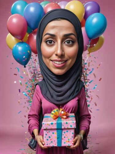 Middle Eastern Woman Birthday Caricature with Balloons