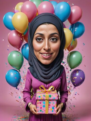 Middle Eastern Woman Birthday Caricature with Balloons