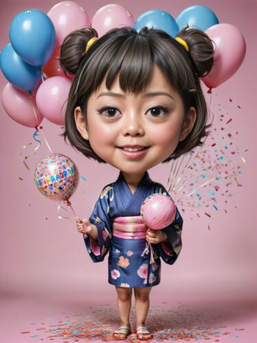 Cute Japanese Girl Birthday Caricature with Balloons