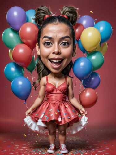 Playful Birthday Caricature of a Young Latina Girl with Balloons