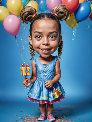 Young Brazilian Girl Birthday Caricature with Balloons