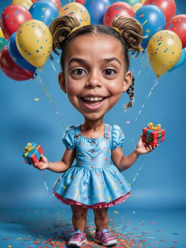Young Brazilian Girl Birthday Caricature with Balloons