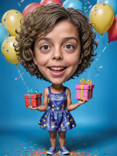 Charming Birthday Caricature of a Young Brazilian Girl with Balloons