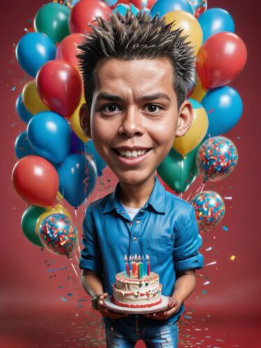 Adorable Birthday Caricature of Latino Teenager with Balloons