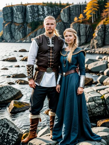 Nordic Viking Couple Portrait on Rocky Shoreline