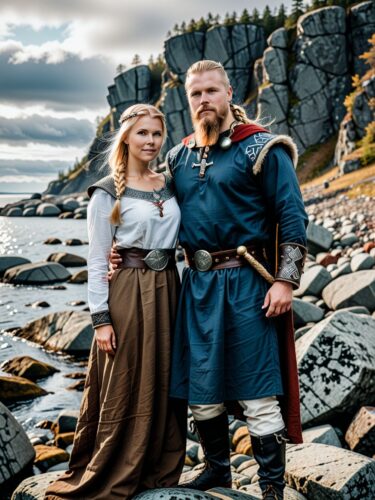 Nordic Viking Couple Portrait on Rocky Shoreline