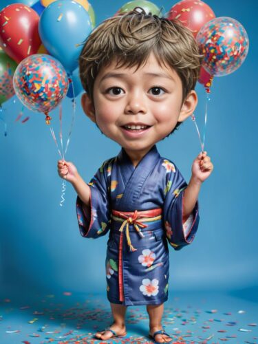 Cute Japanese Boy Birthday Caricature with Balloons