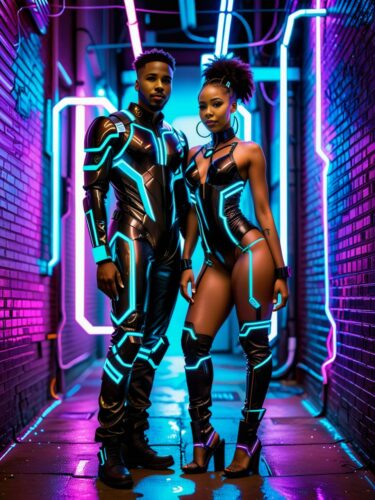 Futuristic Cyberpunk African American Couple Portrait in Neon-Lit Alley