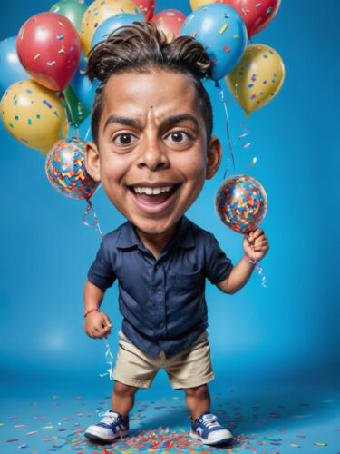 Playful Birthday Caricature of a Young Latino Boy with Balloons