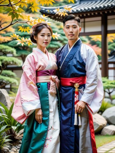 Serene Garden Portrait of East Asian Couple in Traditional Attire