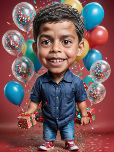 Young Latino Boy Birthday Caricature with Balloons