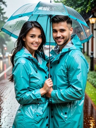 Adorable Couple in Matching Raincoats Playing in the Rain