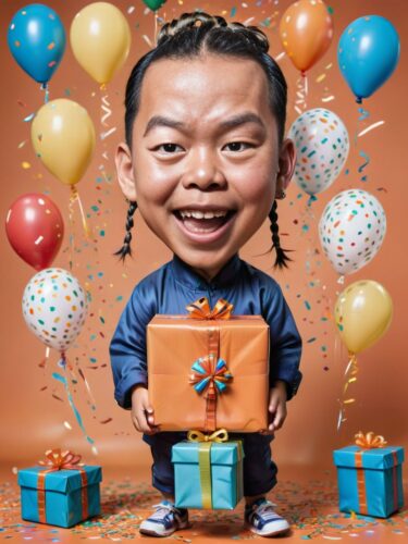 Playful Birthday Caricature of a Young Chinese Boy