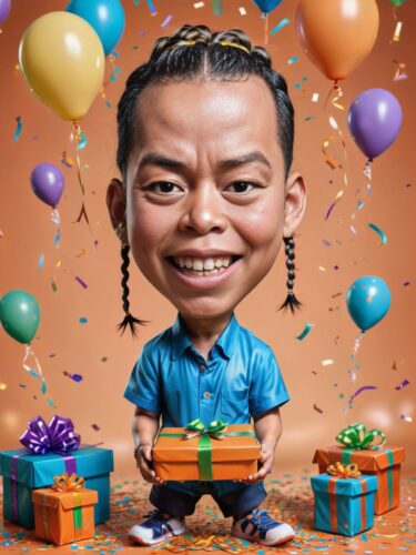 Playful Birthday Caricature of a Young Chinese Boy