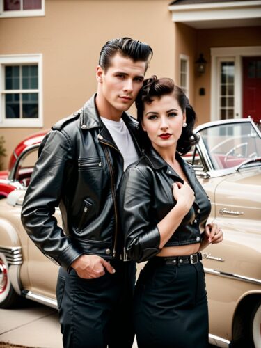 Vintage Greaser Couple with Classic Car