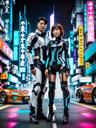 Futuristic Japanese Couple Portrait in Cyberpunk Cityscape