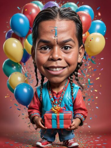 Young Native American Boy Birthday Caricature with Balloons