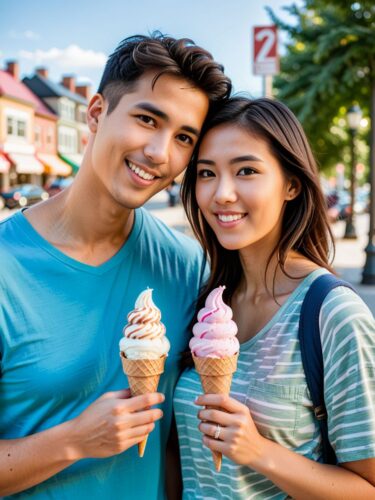 Sweet Moment: Casual Couple Sharing Ice Cream