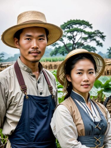 Vintage Asian Farmer Couple in Traditional Attire