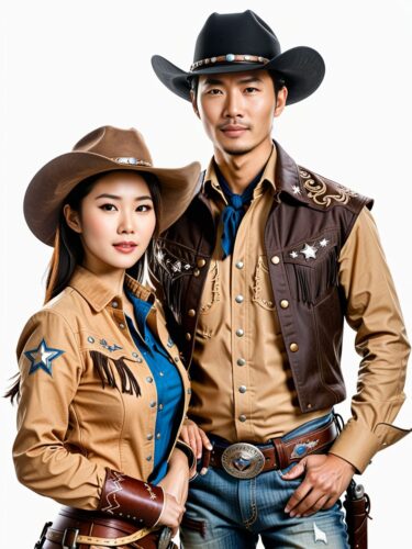 Asian Western Cowboy Couple in Half-Body Portrait