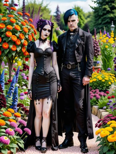 Goth Couple in a Vibrant Flower Garden